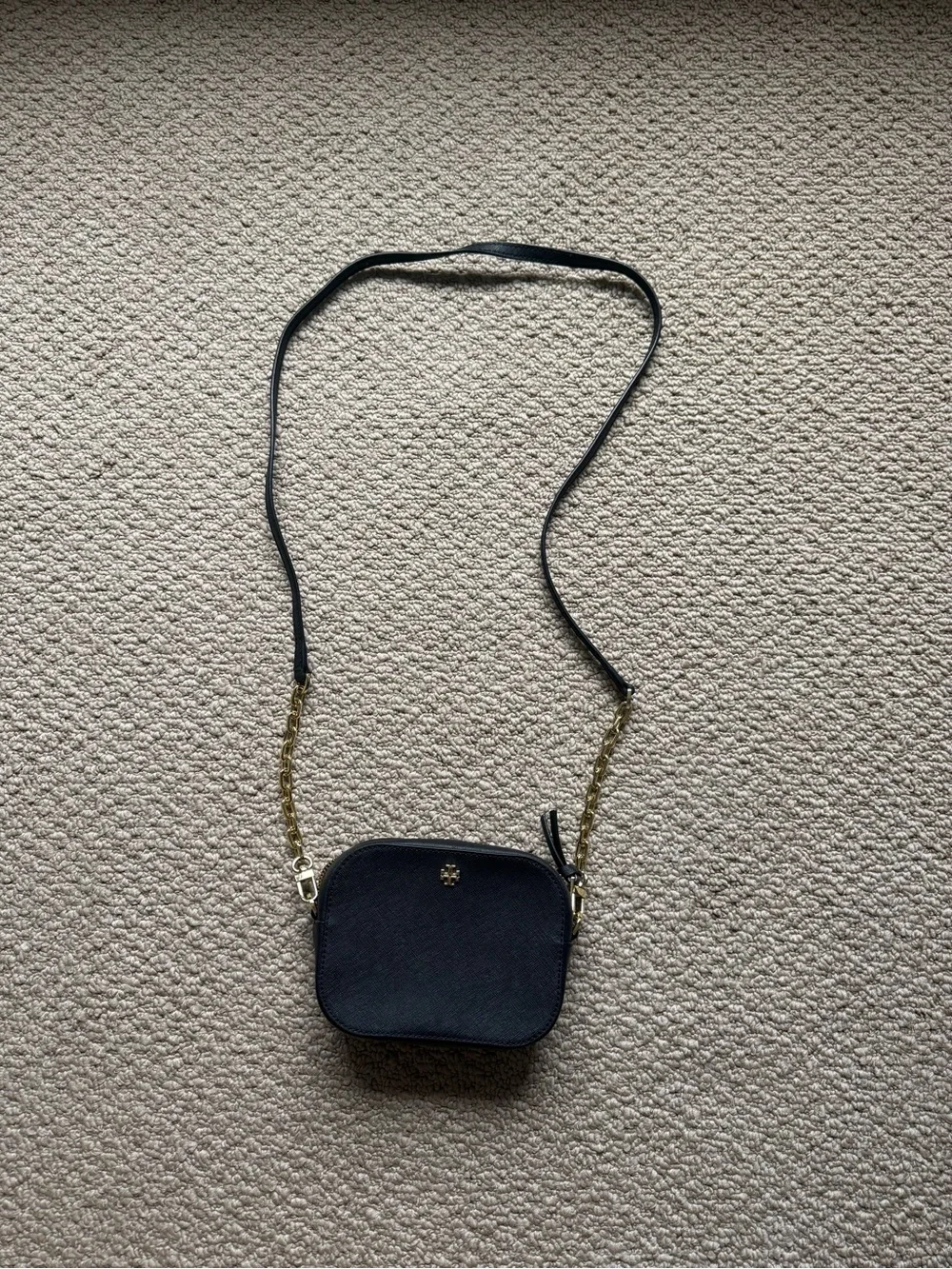 Tory Burch Navy Blue Crossbody Camera Bag with Gold Chain